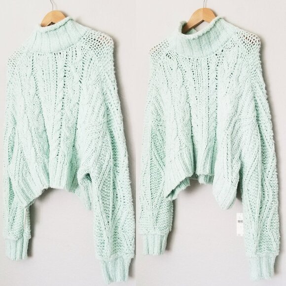 NEW By Anthropologie Fisherman Sweater Mint Size S Chunky Cable Knit Mock $168 - Picture 5 of 16